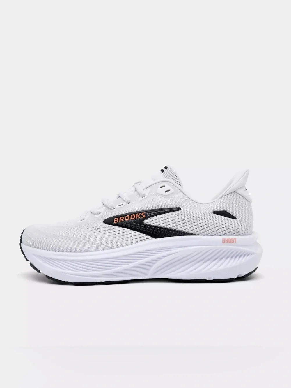 Brooks Ghost 18 road-running shoes in white, black, and rose gold size women’s 8